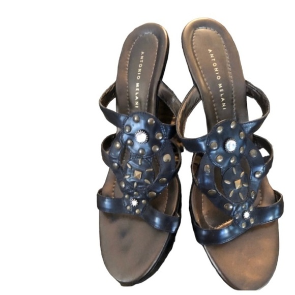 Antonio Melani size 10 genuine leather black studded platform wedge - Picture 1 of 8